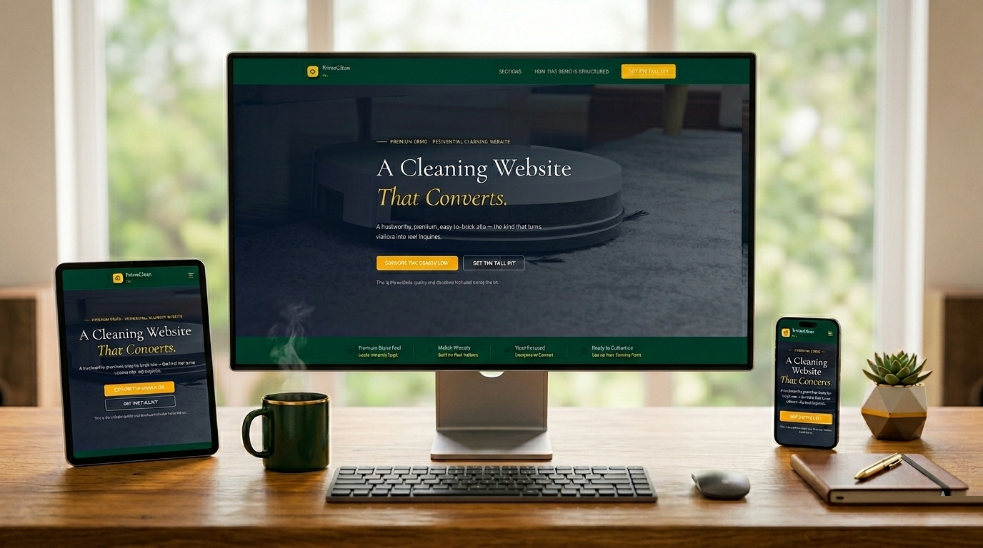 Premium multi-device mockup showing the cleaning business website included in the Business in a Box kit.